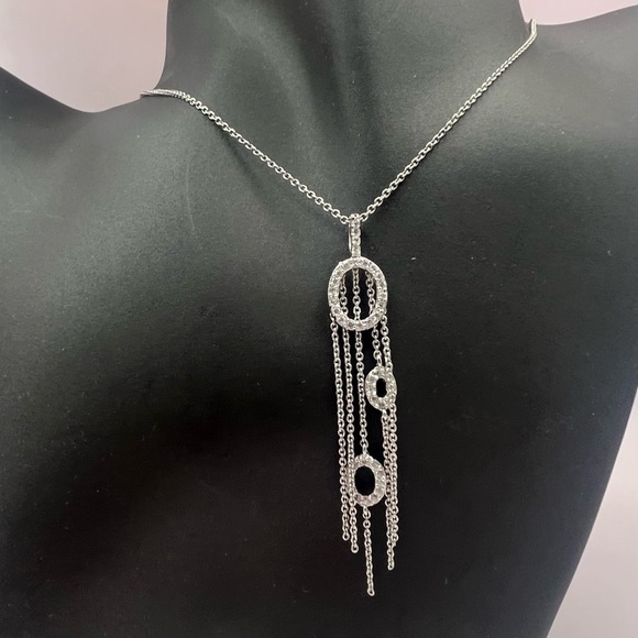 Sterling Silver CZ Fringe Pendant Necklace | Layered Drop Statement Jewelry - Picture 1 of 12
